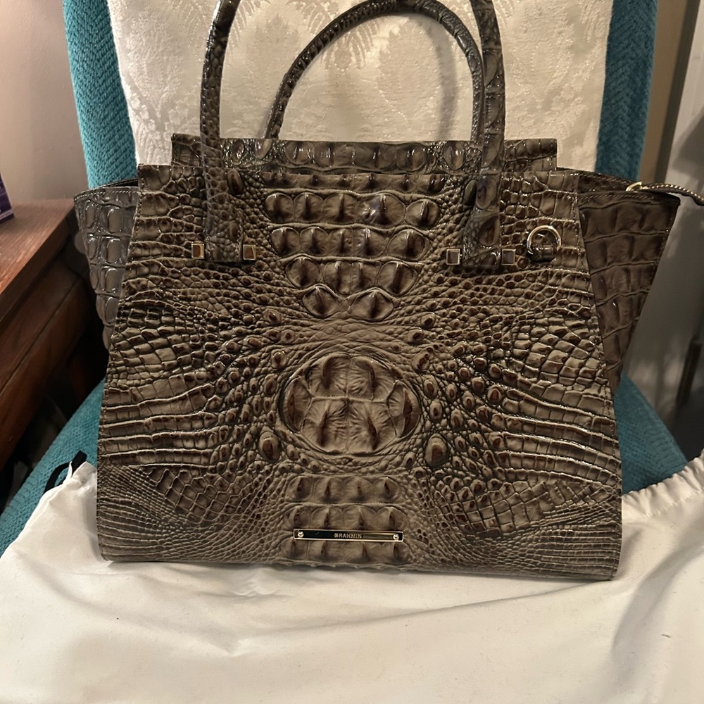 Brahmin Brown and Gray Shoulder Bag with Textured Surface and Structured Design
